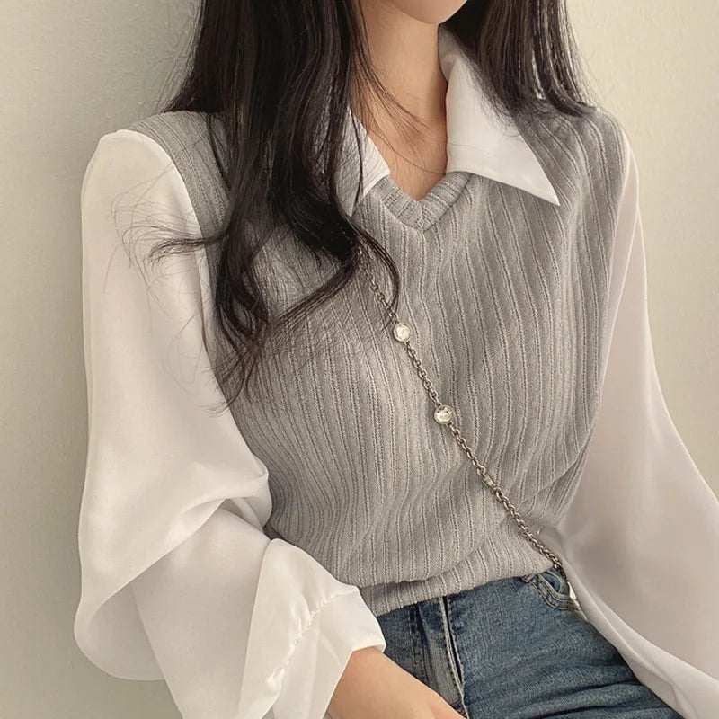 Chic Knitted Patchwork Blouse Shirts - Premium Blouse from Craftklart Dropship - Just $5! Shop now at Craftklart.store