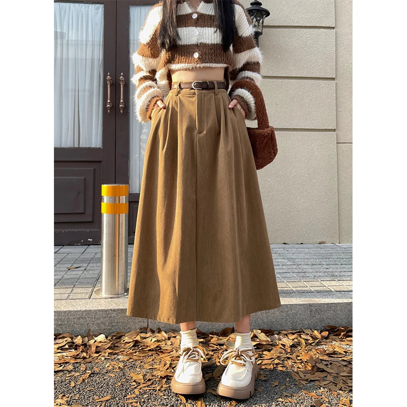 Women's High Waist Vintage Belt Corduroy Midi Skirt - Premium Skirt from Craftklart Dropship - Just $13.06! Shop now at Craftklart.store