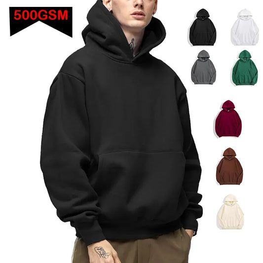 500GSM Heavy Weight Fashion Men's Hoodies New Autumn Winter Casual Thick Cotton Men's Top Solid Color Hoodies Sweatshirt Male - Craftklart.store
