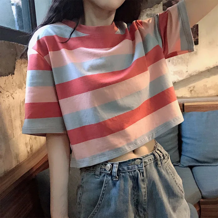 Woman's Casual O Neck Striped Short Sleeve Top - Premium T-Shirt from Craftklart Dropship - Just $6.89! Shop now at Craftklart.store