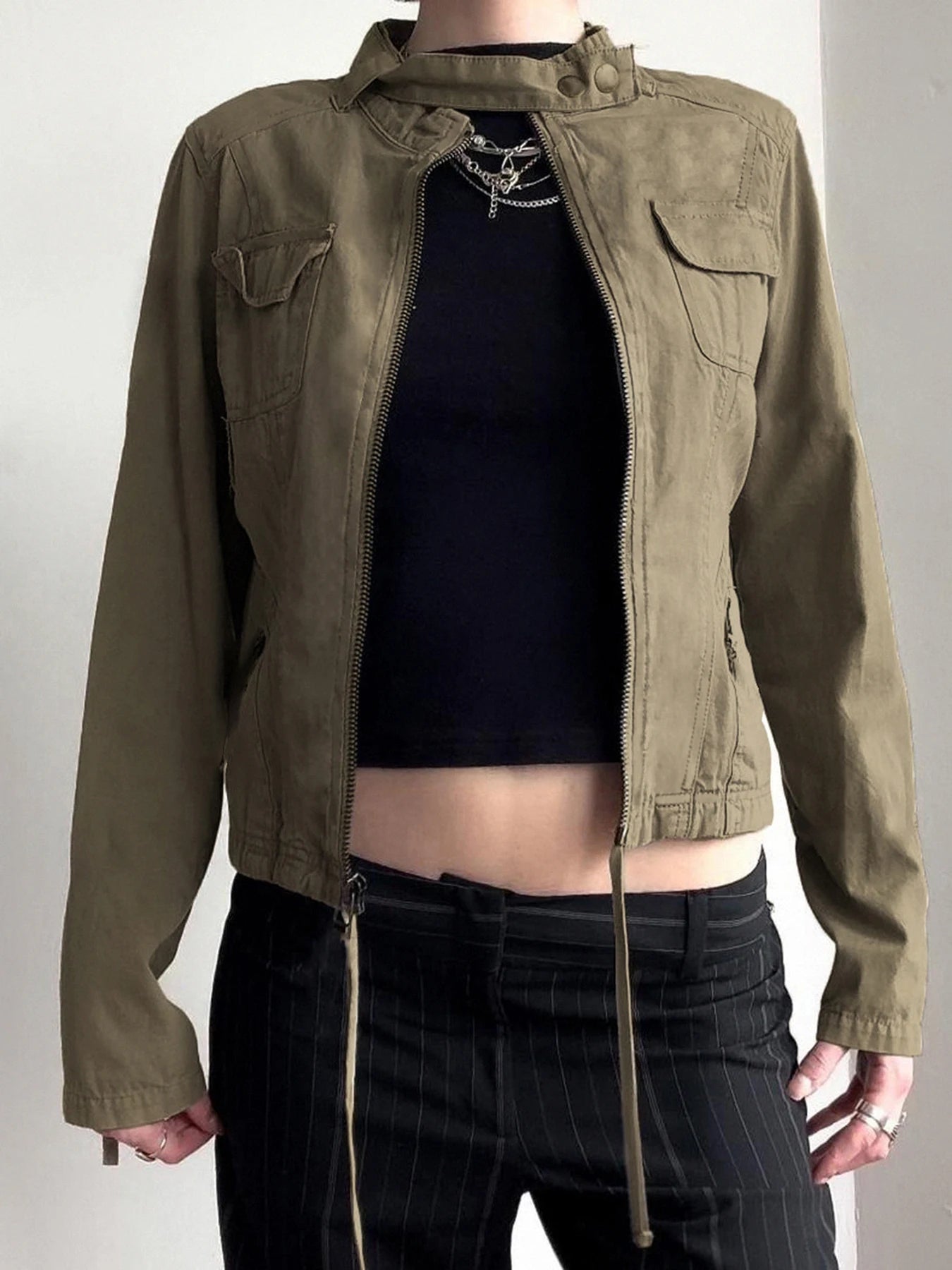 Women Zip Up Stand Collar Cargo Jacket