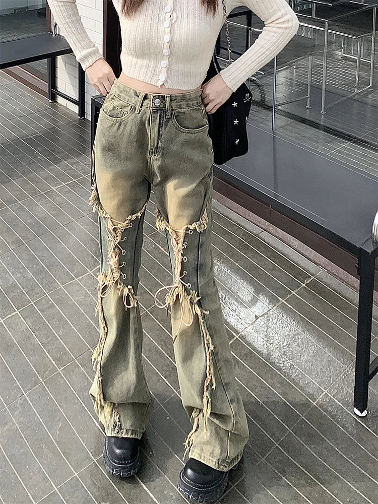 Low Rise Steampunk Flare Lace Up Denim Jeans - Premium Jeans from Craftklart Dropship - Just $32.33! Shop now at Craftklart.store