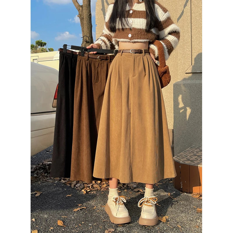 Women's High Waist Vintage Belt Corduroy Midi Skirt - Premium Skirt from Craftklart Dropship - Just $13.06! Shop now at Craftklart.store
