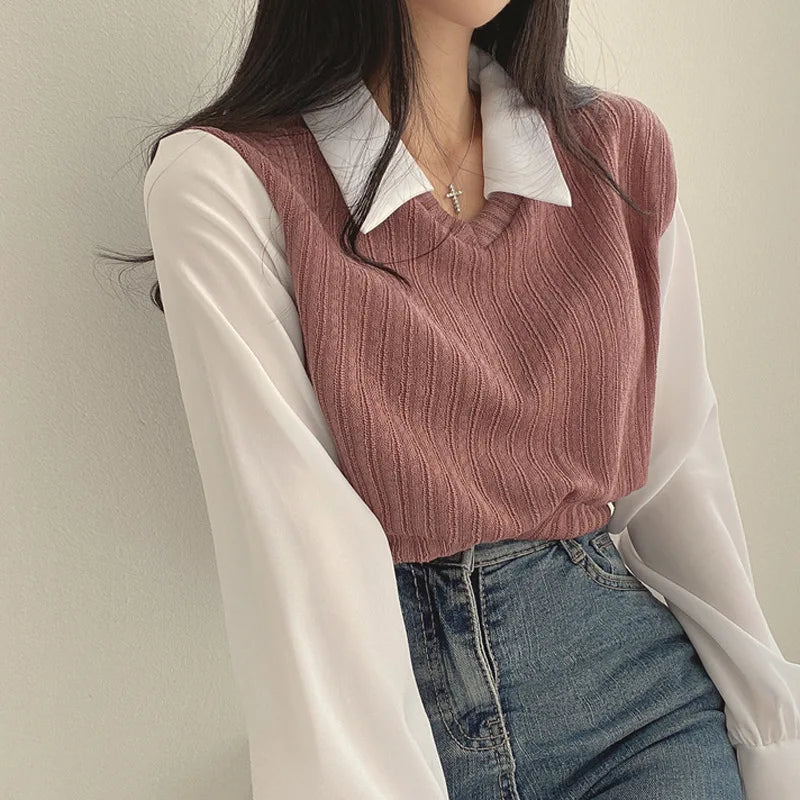 Chic Knitted Patchwork Blouse Shirts - Premium Blouse from Craftklart Dropship - Just $5! Shop now at Craftklart.store