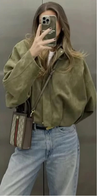 Women's Lapel Long Sleeve Zipper Suede Bomber Jacket