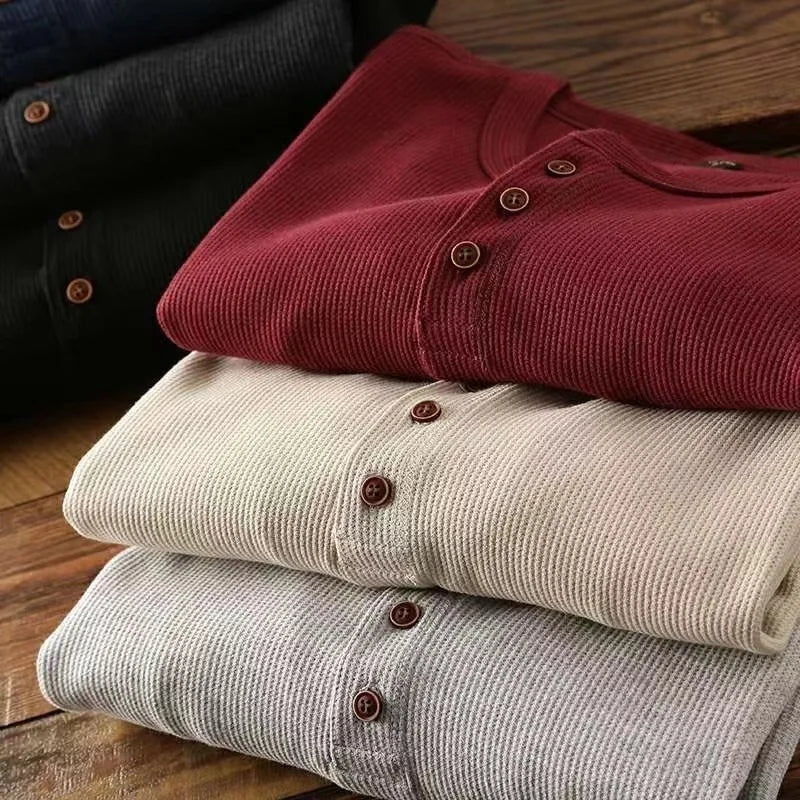 Henley Waffle Half Button Breathable 100% Cotton Tops - Premium Longsleeve Top from Craftklart Dropship - Just $16.25! Shop now at Craftklart.store