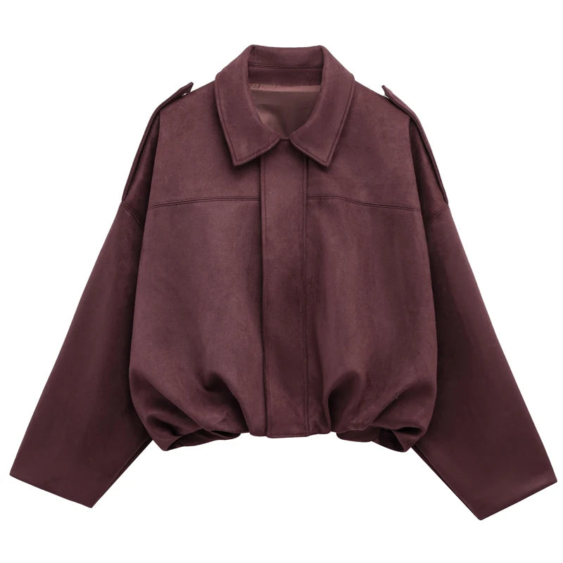 Women's Lapel Long Sleeve Zipper Suede Bomber Jacket