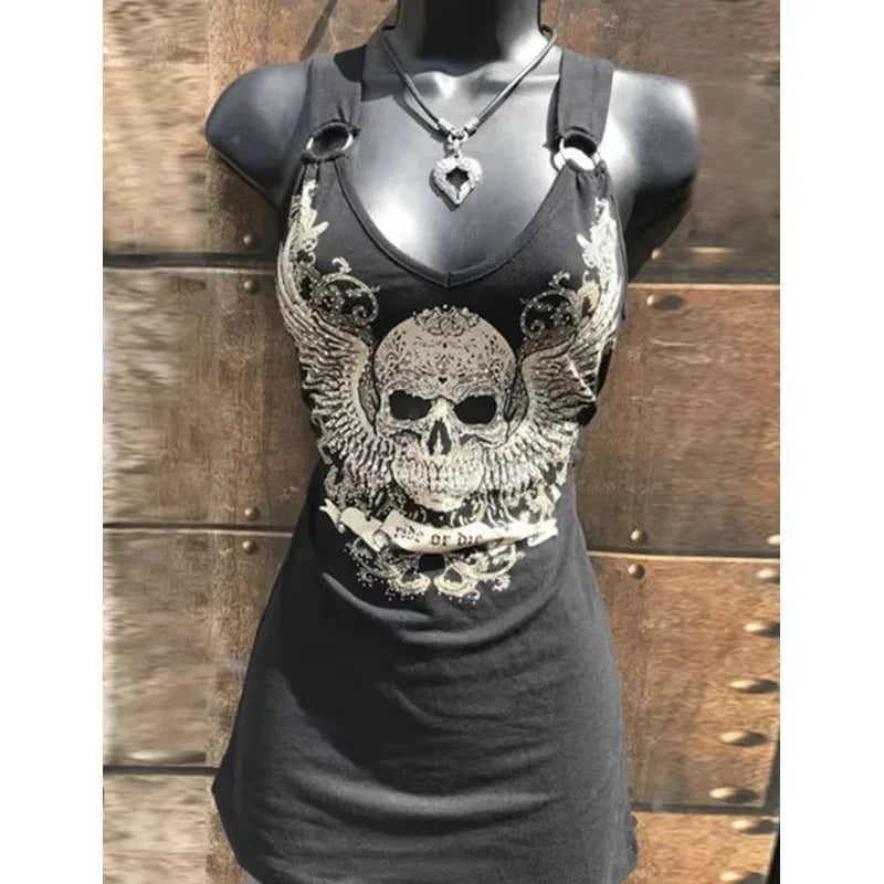 Women's Urban Punk Round Neck Long Slim Fit Skull Top