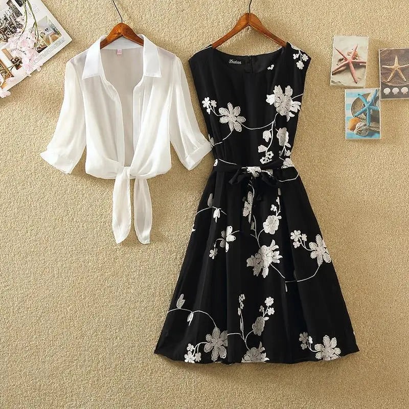 Dress High Waist Sleeveless Slim A-line Skirt Floral Embroidery White Top - Premium Set from Craftklart Dropship - Just $19.55! Shop now at Craftklart.store