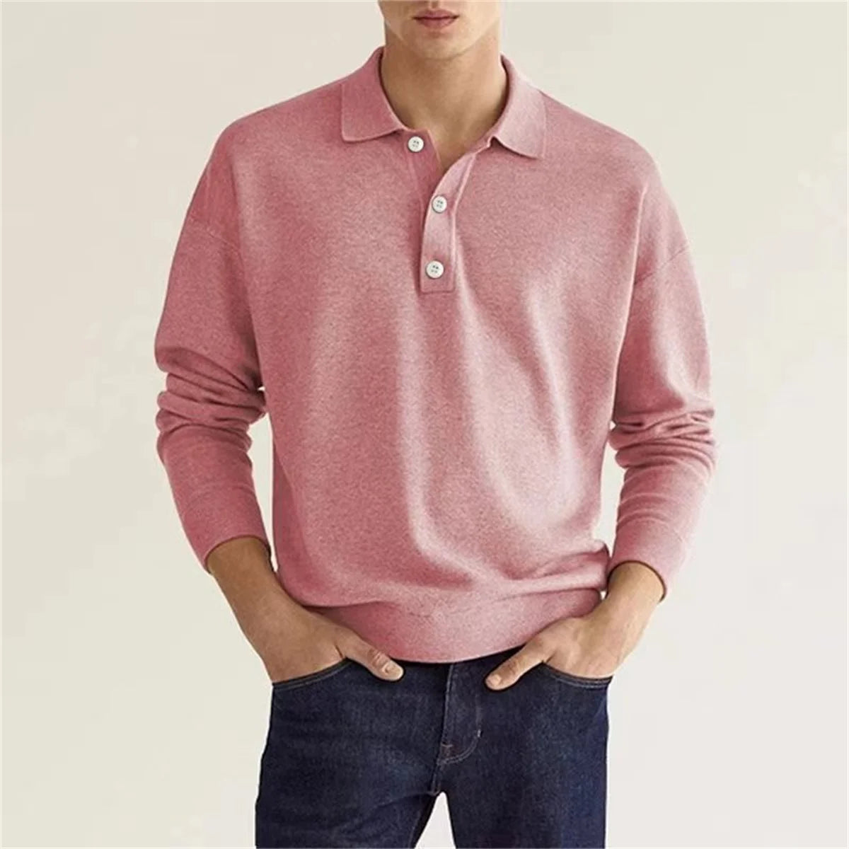 Men's Relaxed Breathable Solid Color Button V-Neck Long-Sleeved Polo Shirt - Premium Sweater from Craftklart.store - Just $14! Shop now at Craftklart.store
