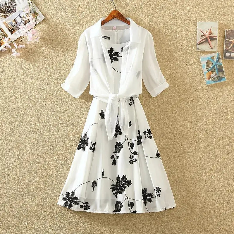Dress High Waist Sleeveless Slim A-line Skirt Floral Embroidery White Top - Premium Set from Craftklart Dropship - Just $19.55! Shop now at Craftklart.store