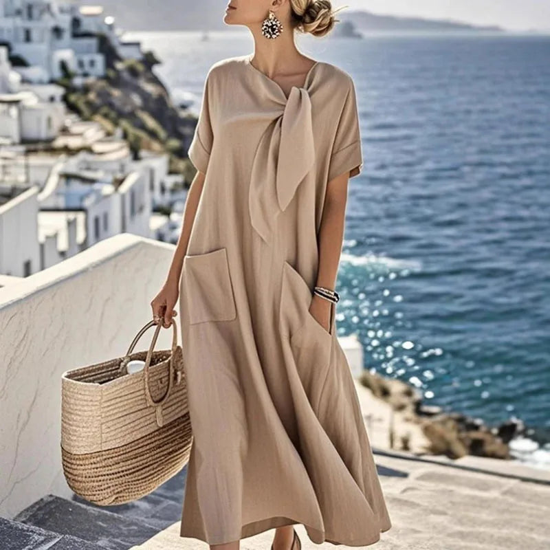 Vintage Crew Neck Lace-up Loose Long Dress