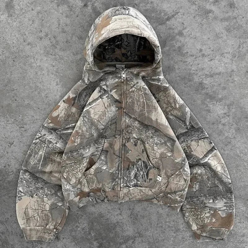 Men's camouflage pattern zipper hoodie with adjustable drawstrings and front pockets, stylish casual wear from Craftklart.store.