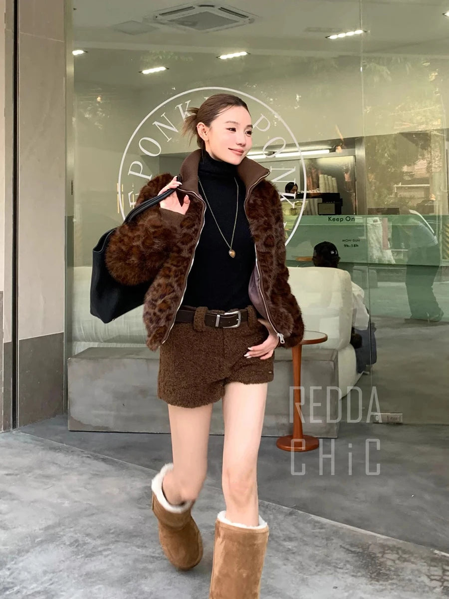 Turtleneck Leopard Shaggy Bomber Jacket Women