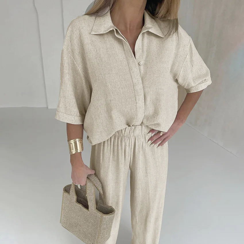 Loose Half Short Sleeve Blouse Shirt+Wide Leg Elastic Waist Long Pants Set