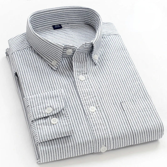New 100% Cotton Oxford Shirt Men's Long Sleeve Striped Plaid Casual Shirts Korean Clothes High Quality Business Dress Shirt Grey - Premium  from Craftklart.store - Just $14.56! Shop now at Craftklart.store