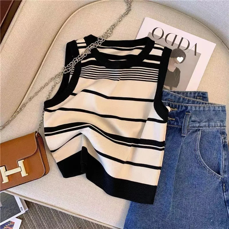 Women's Striped Knitting Sleeveless Contrasting Tops (Pink/Black and White) - Premium Shirts & Tops from Craftklart Dropship - Just $6.20! Shop now at Craftklart.store