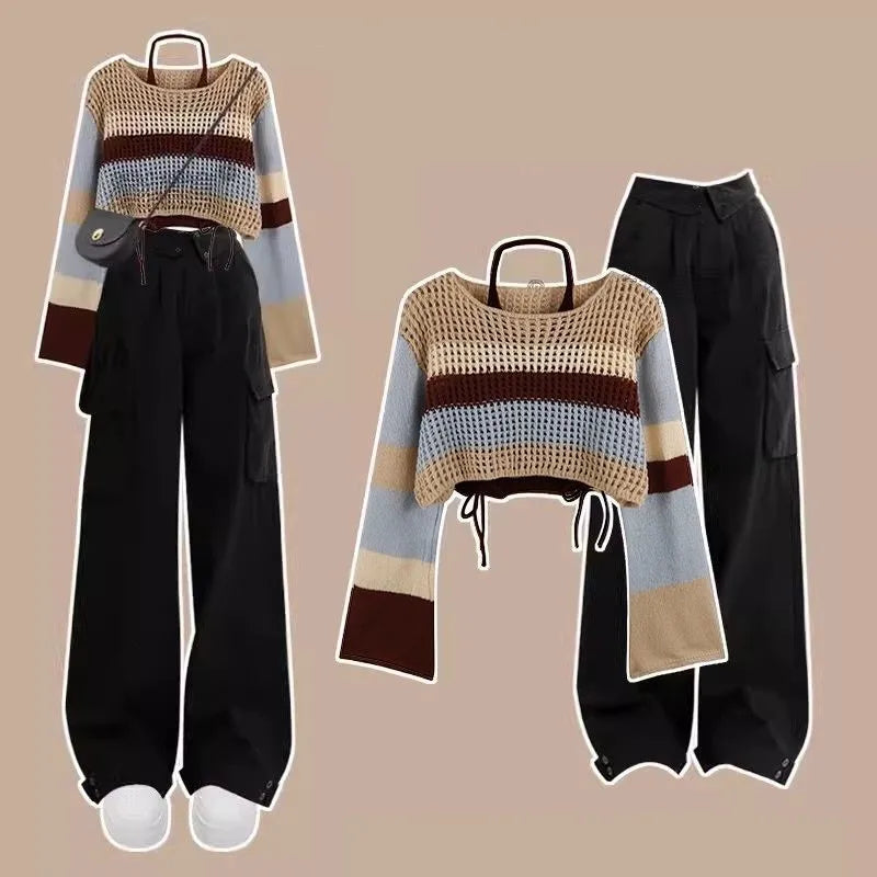 Women's Urban Hollow Stripe Long Sleeved Knitwear+Strap+Cargo Pants Set