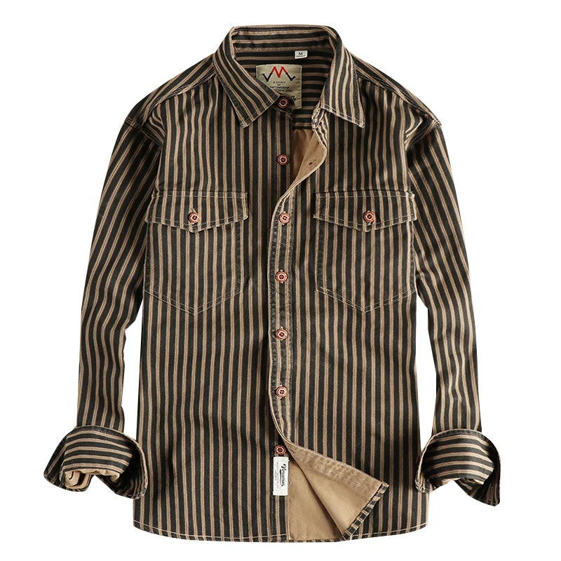 Men's American Retro Stripe Long-Sleeve Lapel Shirt - Premium Shirt from Craftklart Dropship - Just $30.30! Shop now at Craftklart.store