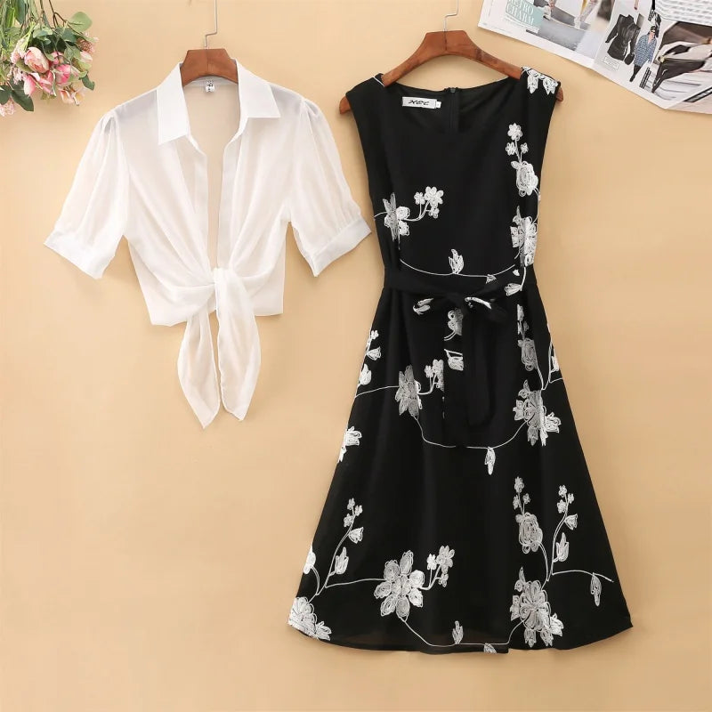 Dress High Waist Sleeveless Slim A-line Skirt Floral Embroidery White Top - Premium Set from Craftklart Dropship - Just $19.55! Shop now at Craftklart.store