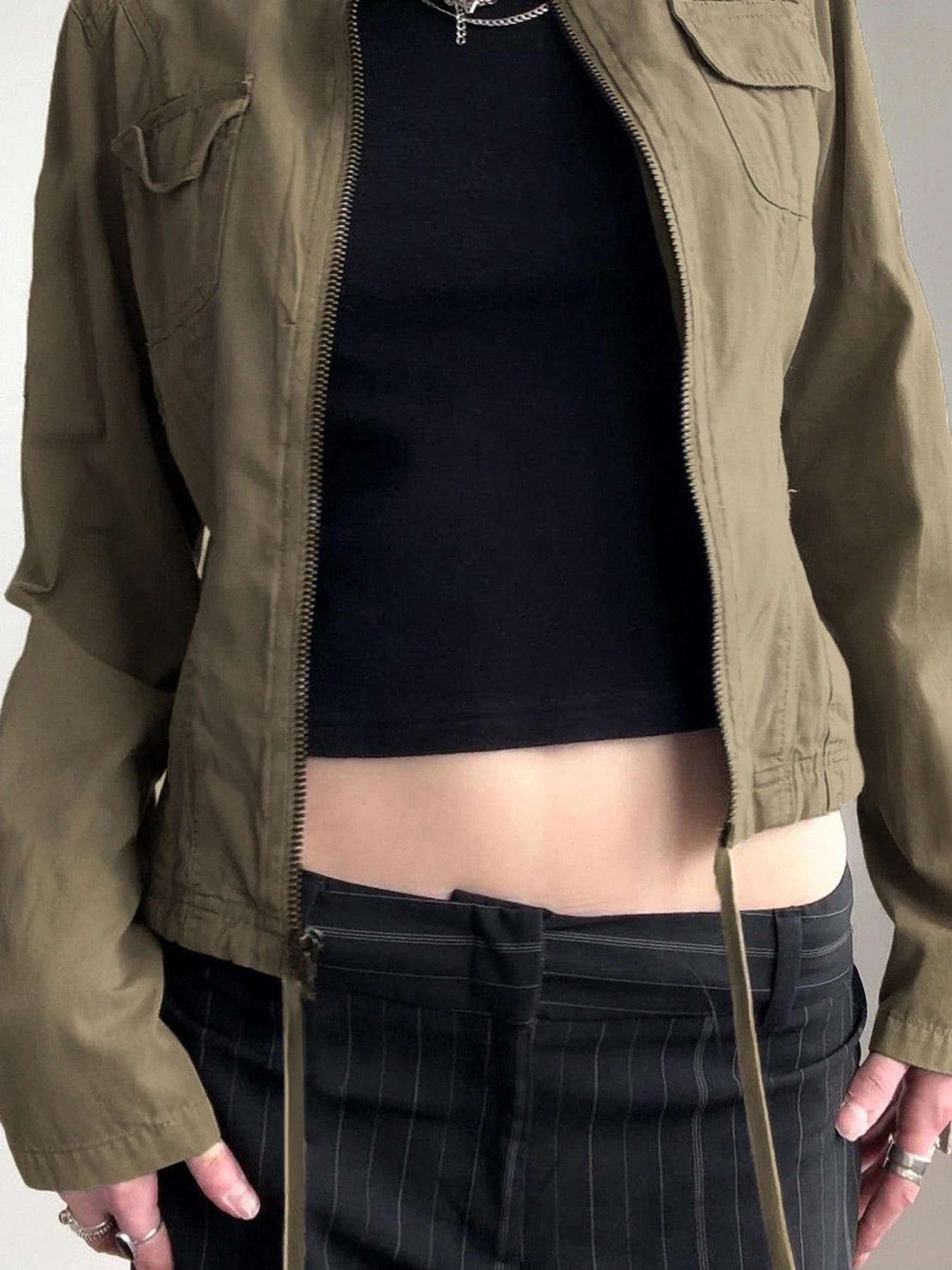 Women Zip Up Stand Collar Cargo Jacket