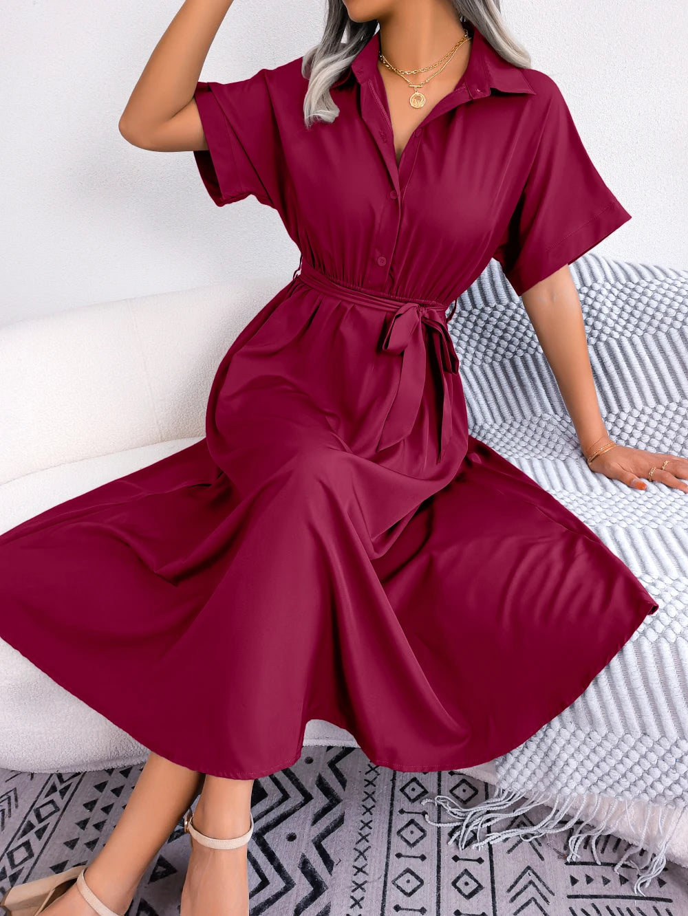 Women Summer Casual Short Sleeve Slim Waist Shirt Dress