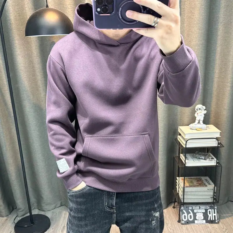 Solid Color Hooded Long Sleeved Hoodie Men's Clean Version Simple Casual Pullover Men's Casual Top Trendy