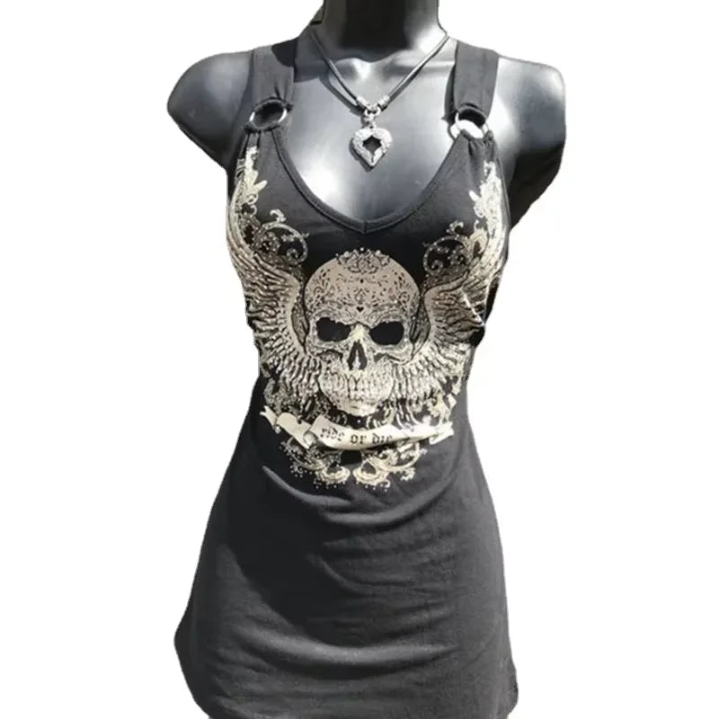 Women's Urban Punk Round Neck Long Slim Fit Skull Top