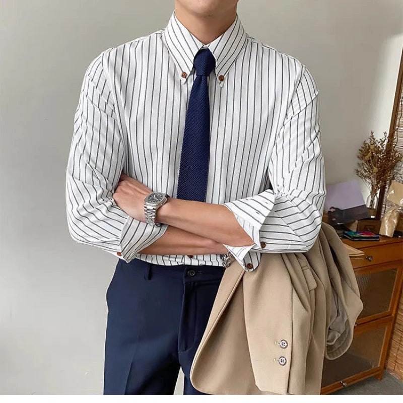 Striped Slim Fit Men's Business Casual Korean Long-sleeved Shirt Top