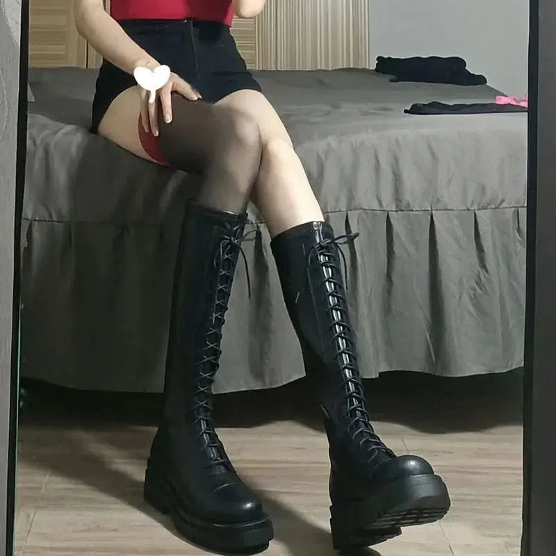 Urban Women's High Cut Thick Soled Black Lace Up Boots