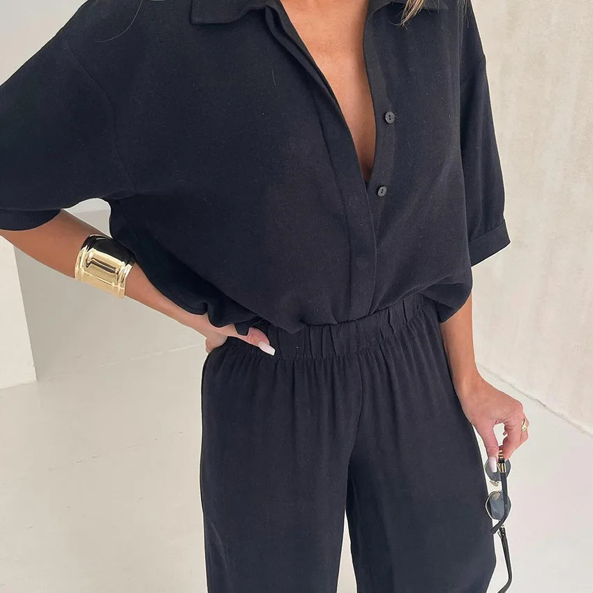 Loose Half Short Sleeve Blouse Shirt+Wide Leg Elastic Waist Long Pants Set