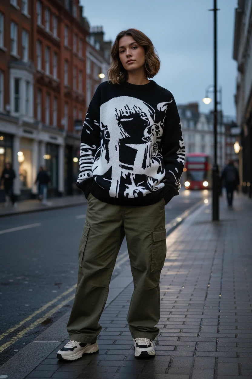 Women’s loose knit sweater featuring anime-inspired design, crafted by Craftklart Dropship, perfect for casual and cozy wear.