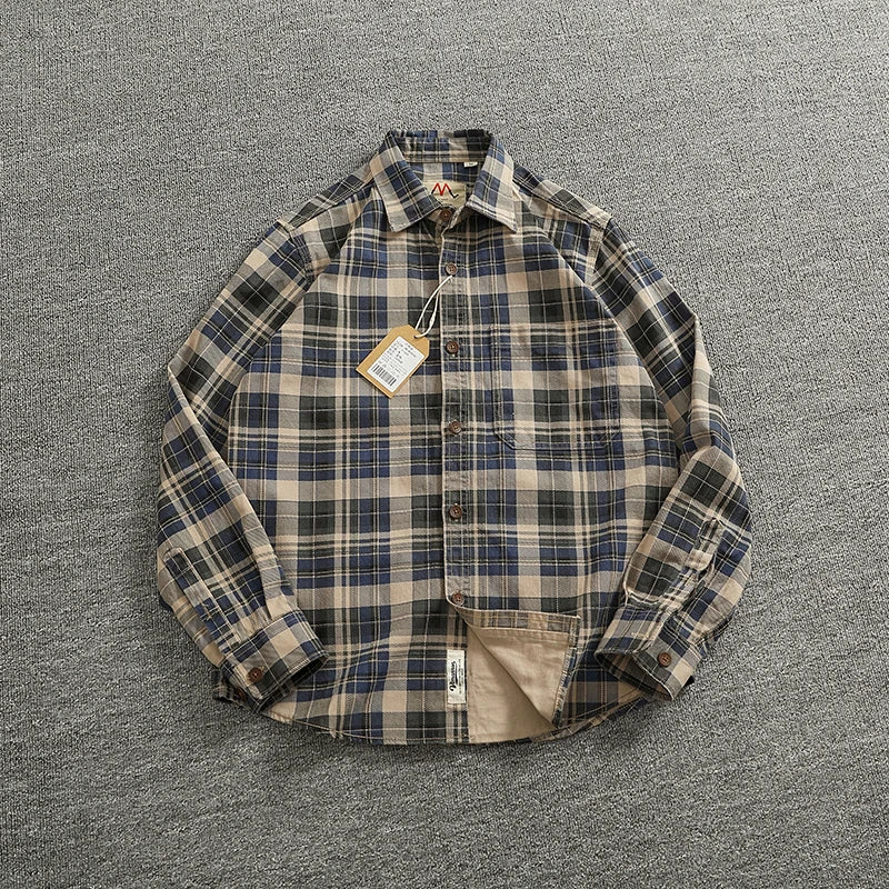 Heavy Chunky Cotton Plaid Long Sleeve Shirt - Craftklart.store
