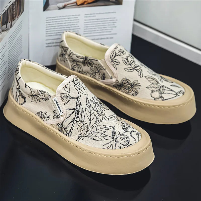 Men's Canvas Floral Thick Sole Loafers