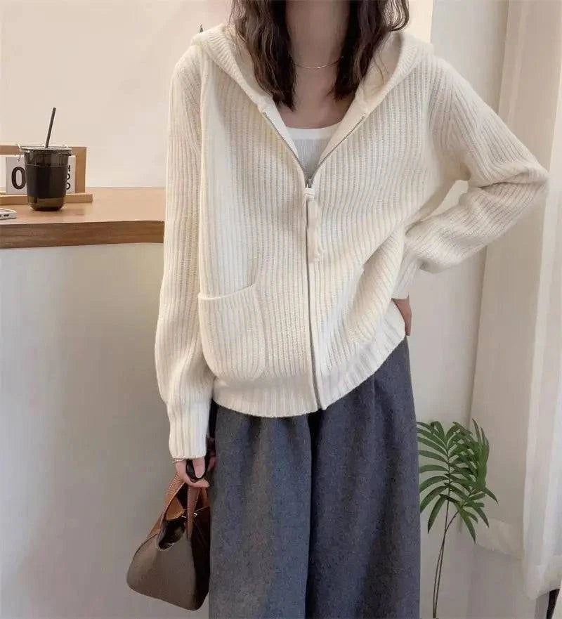 Loose 100% Wool Knitted Womens Hooded Cardigan - Craftklart.store