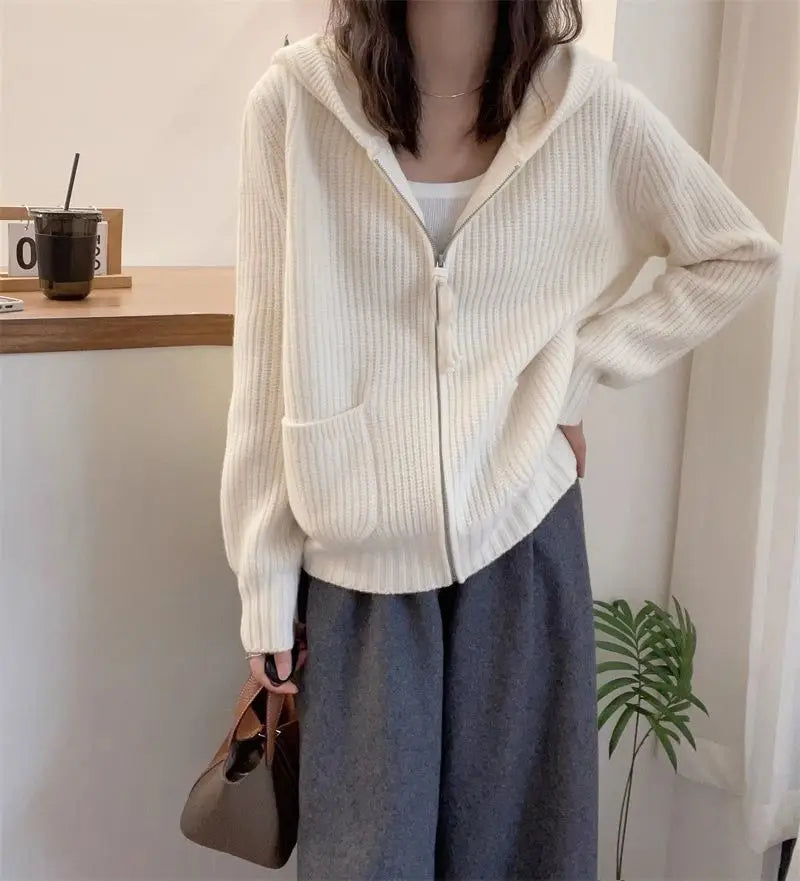 Loose 100% Wool Knitted Womens Hooded Cardigan