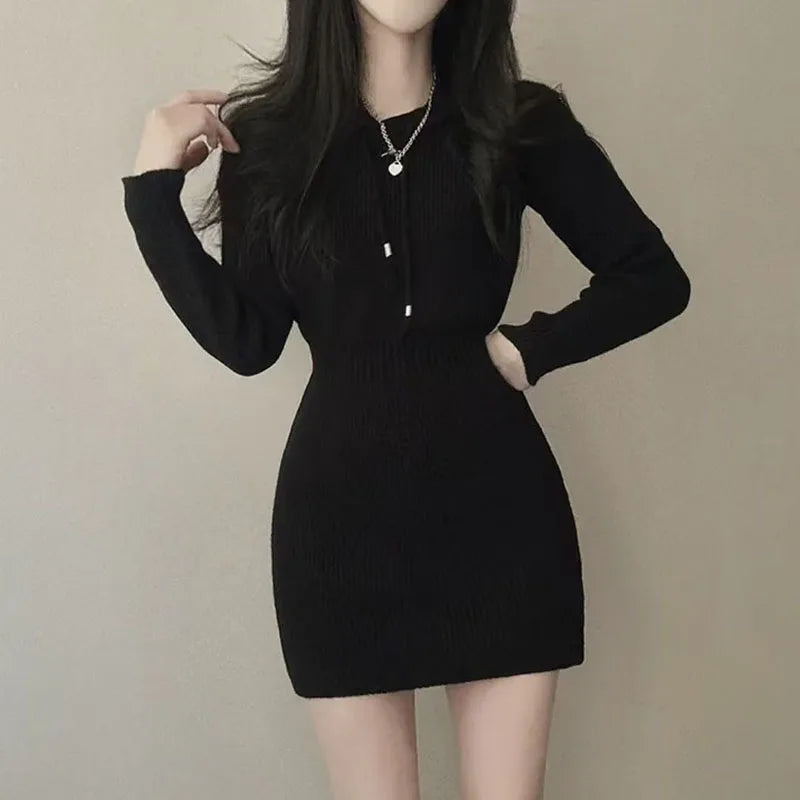 Woman White Knit Korean Elastic High Waist Mini Dresses