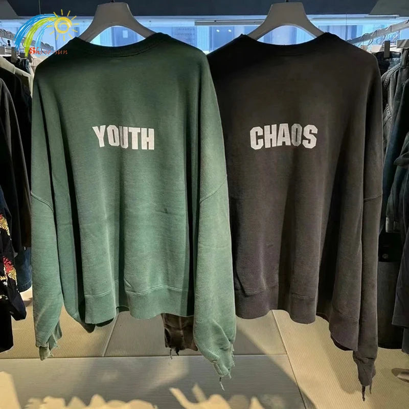 Men's Simple Letter Green Black Damaged Sweatshirts