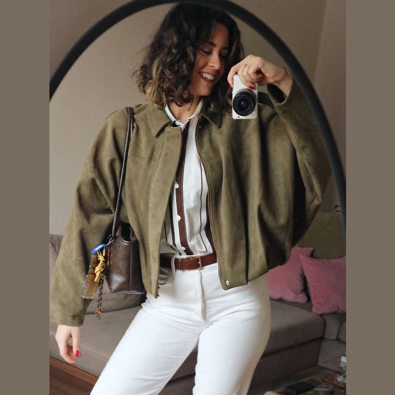 Women's Lapel Long Sleeve Zipper Suede Bomber Jacket