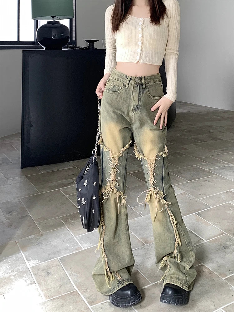 Low Rise Steampunk Flare Lace Up Denim Jeans - Premium Jeans from Craftklart Dropship - Just $32.33! Shop now at Craftklart.store