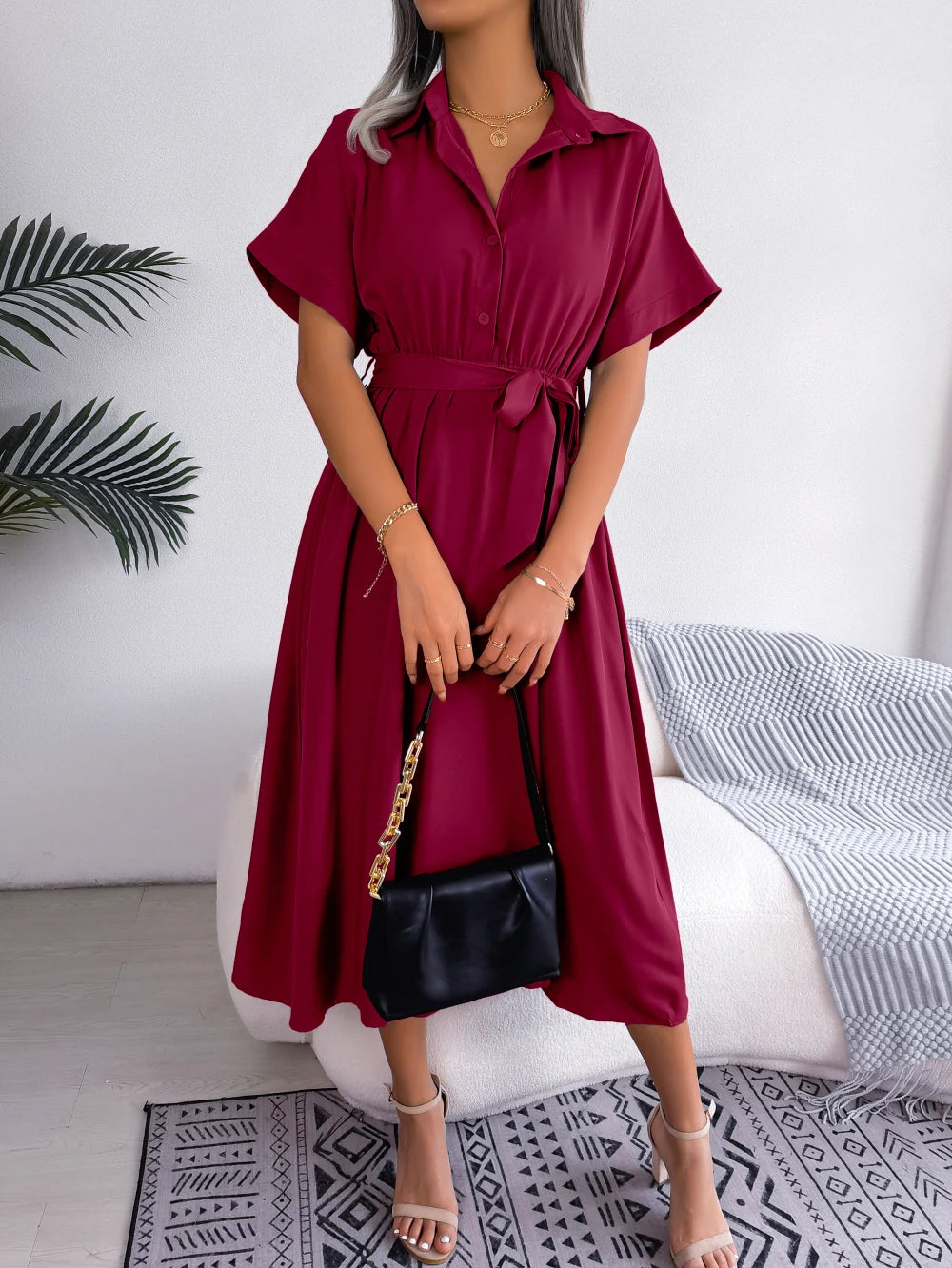 Women Summer Casual Short Sleeve Slim Waist Shirt Dress