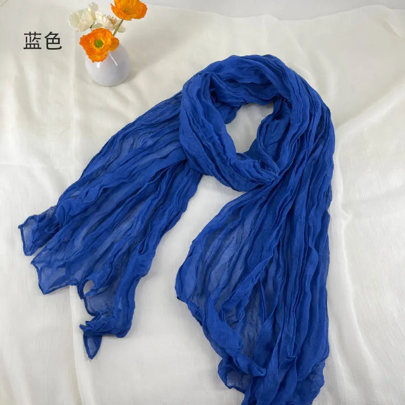 Women Soft Breathable Cotton and Linen Scarves Solid Color Pleated Scarf Retro Bohemian Style Long Wraps 180*90cm Multi Color