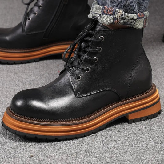 Men's Chunky Sole Lace-Up Urban Casual Leather Work Boots - Craftklart.store