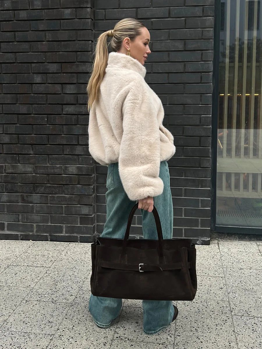 Urban Women Faux Fur Long Sleeve Zipper Jacket