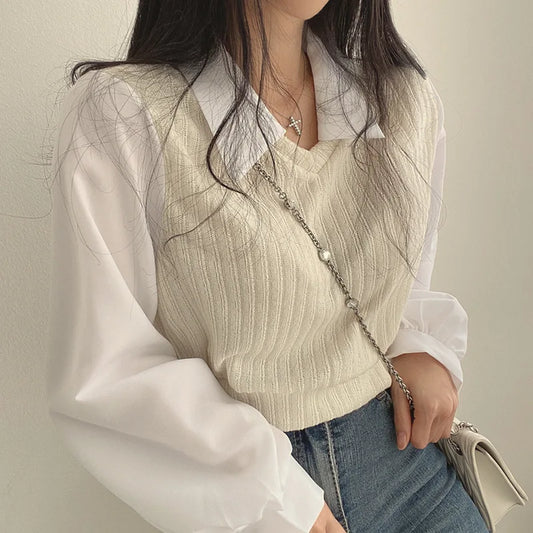 Chic Knitted Patchwork Blouse Shirts - Premium Blouse from Craftklart Dropship - Just $5! Shop now at Craftklart.store