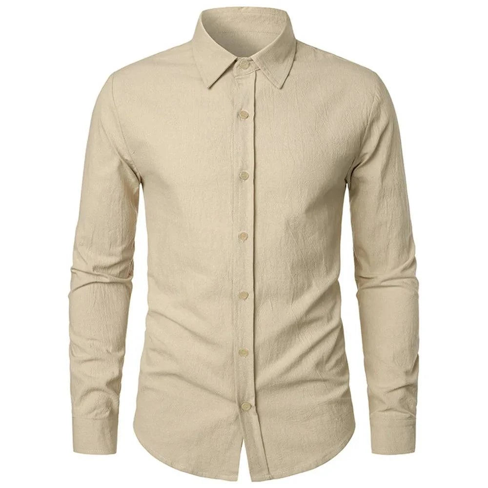Urban styled cotton linen men's shirt with a casual fit, featuring a button-down front and short sleeves in neutral tones.