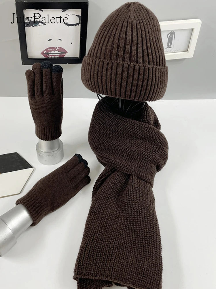3Pcs Knitted Set Winter Warm Beanie Hat Long Scarf & Gloves - Craftklart.store