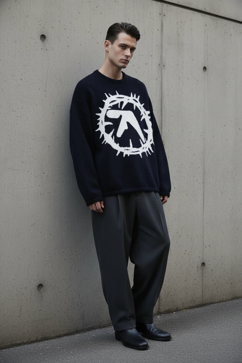 Craftklart Dropship Aphex Twin knit sweater, Y2K streetwear pullover in autumn/winter style, featuring bold graphic design.