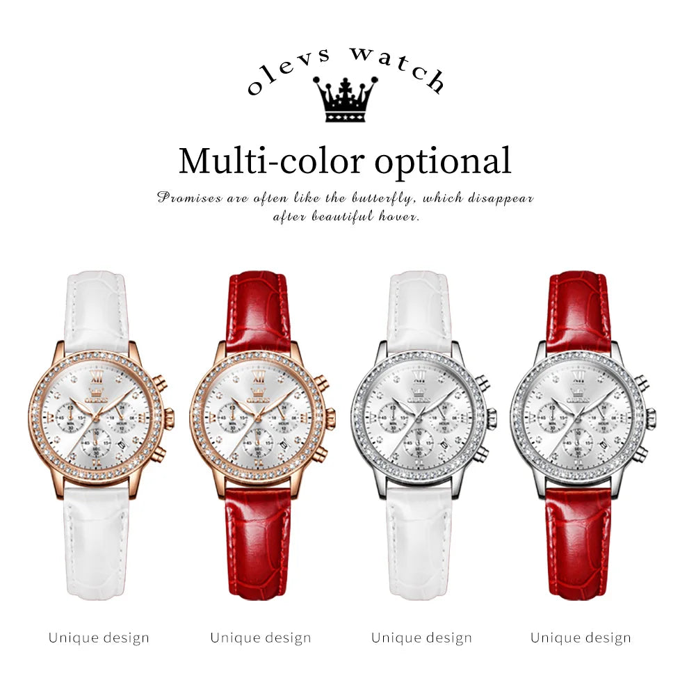 Women's Diamond Quartz Waterproof Luminous Leather Strap Wristwatch