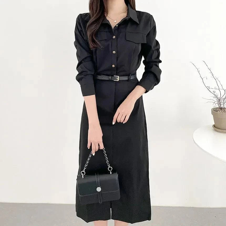 Women's urban chic office maxi dress with belt by Craftklart Dropship, featuring a stylish, flowy silhouette and waist belt.